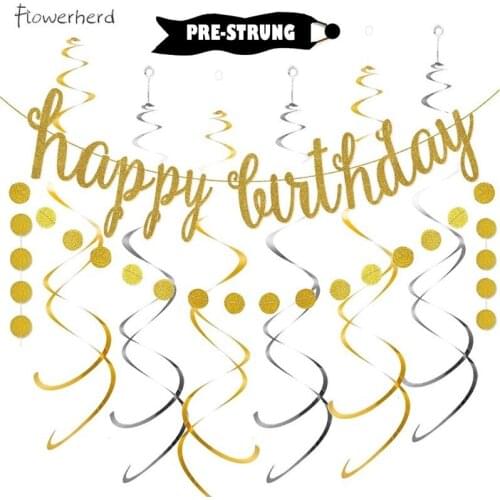 Gold Happy Birthday Banner Decoration Kit with Gold Silver Hanging Swirls for Birthday Baby Shower Party Decorations Pre-Strung