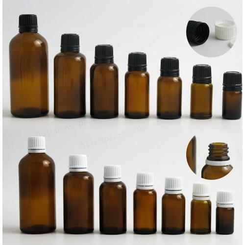 12 x 100ML 50ML 30ML 20ML 10ML 5ML Travel Empty Small Amber Boston Round Glass Essential Bottle White Black Tamper Evident Cap