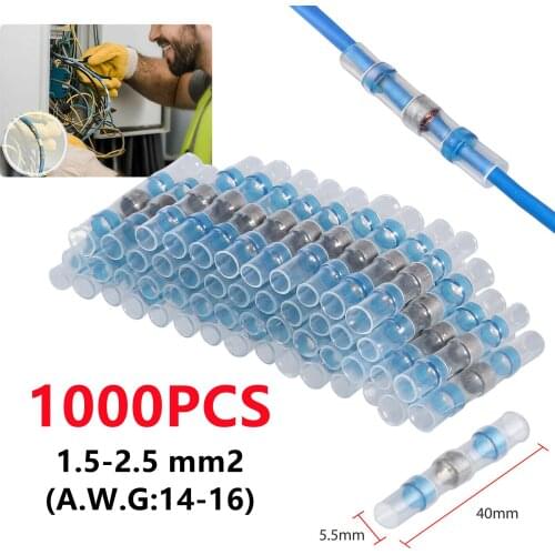 500/1000PCS AWG16-14 Heat Shrink Solder Terminals Blue Butt Splice Wire Connectors Waterproof Tinned Copper Solder Seal Terminal