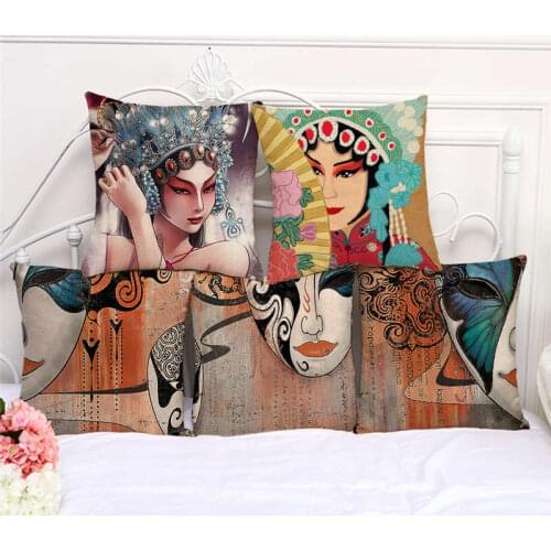 Throw Pillow Cases Peking Opera Face Chinese Art Cushion Cover 45x45 Home Living Room Decoration Linen/Cotton Pillowcover Decor