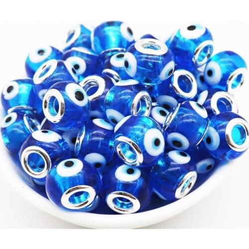 10Pcs New 16mm Round Loose Big Hole Evil Eye Glass Spacer Beads fit Bracelet Pendant Chain Necklace for Women Men Jewelry Making