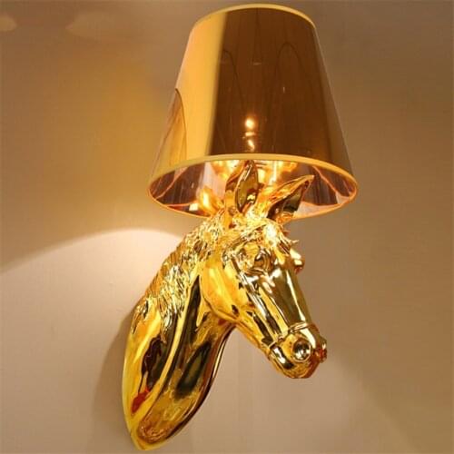 European Gold Resin Horse Head Animal Wall Lamps Bedroom Corridor Living Room Hotel Decorated Aisle Sconces Wall Lights Lighting
