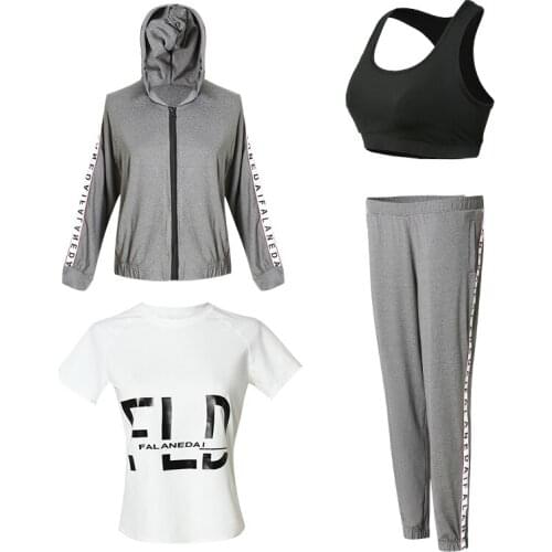 Hot Fitness Women Yoga Set 4 in 1 Set Yoga Bra Black Sport Pants Solid Letter Hoodie Gym Clothes Sport Wear Running Outdoor Jog