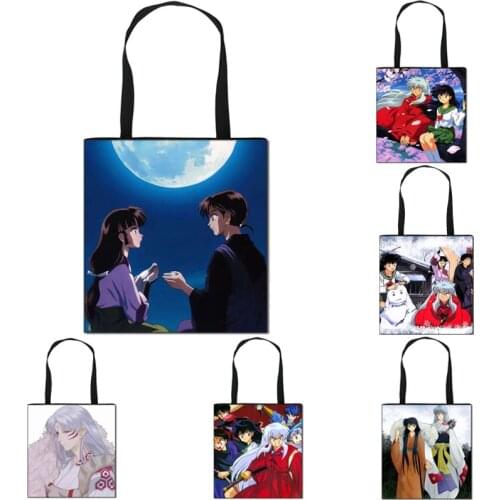 Hot Custom Japanese Anime Casual Inuyasha Style Shoulder Bag Women Foldable Canvas Portable Shopping Bags Good Quality