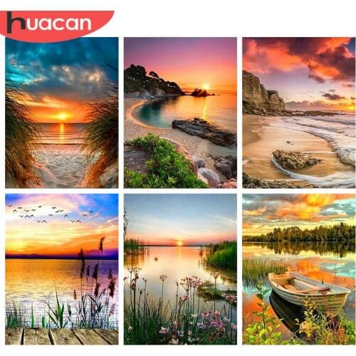 HUACAN 5D Diamond Painting New Seaside Sunset Diamond Embroidery Cross Stitch Landscape Rhinestones Mosaic Wall Art