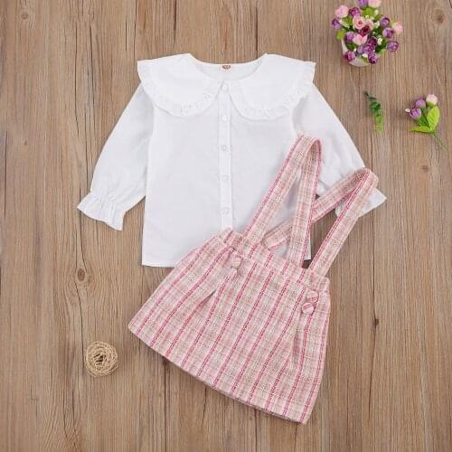 New Autumn Princess Kids Baby Girls Clothes Sets 2pcs Peter Pan Collar Single Breasted Tops Plaid Print Bib Strap Dress