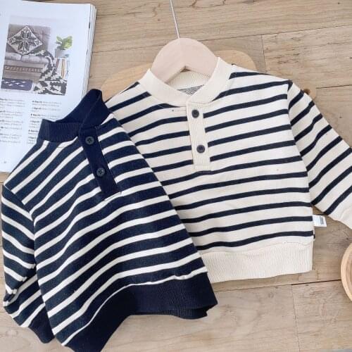 Baby boy clothes spring and autumn cotton top childrens striped wear men and women baby top baby casual round lead clothing