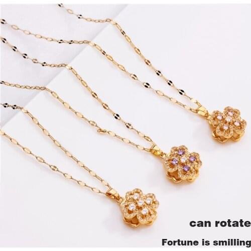 Cute New Design Colorful Rhinestones Rotatable Zircon Four-leaf Clover Pendant Necklace Be In Good Luck Plated Chain Jewelry