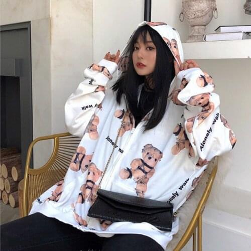 Women Kawaii Teddy Bear Hoodie Black White Cute Sweatshirt Tracksuit Spring Autumn Vintage Harajuku Oversized Hoodies Clothes