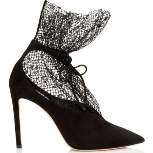 Woman Black White Suede Stiletto Banquet Dress Pointed Toe Single Shoes Female Lace Tie Short Tube Shallow Mouth Wedding Pumps