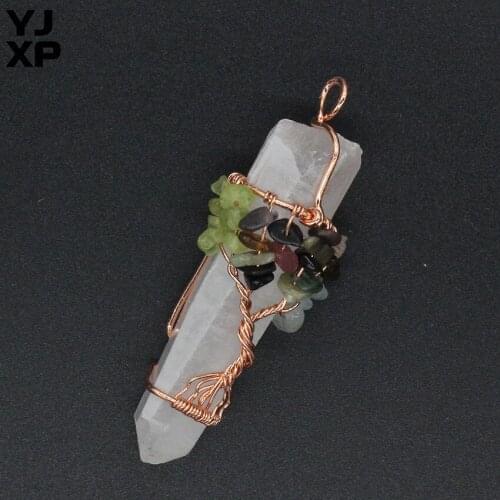 YJXP Rose Gold Color Handmade Wire Wrapped Tree of Life Olivine Tourmaline Aquamarines Gravel Natural Clear Quartz Stone Pendant