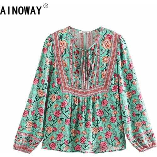 Vintage chic happie women floral printed v-neck lace-up Boho blouse shirts Ladies rayon long sleeve shirts bohemian blusas