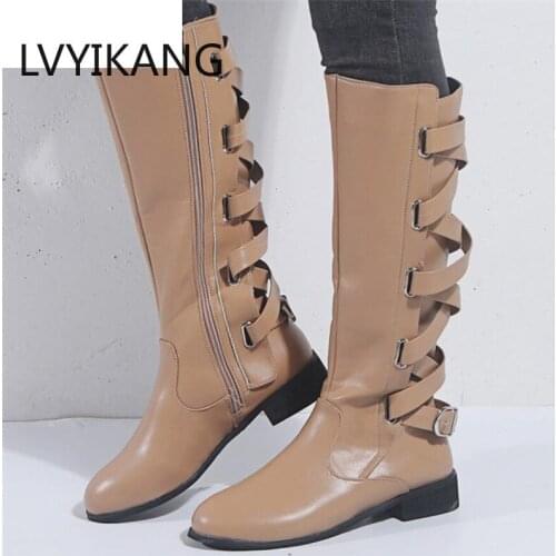 LVYIKANG Boot Women Flats Boots Fashion Winter Warm Knee High Boots Shoes Woman Cross Strap Botas Mujer Invierno 2019 Size 35-43