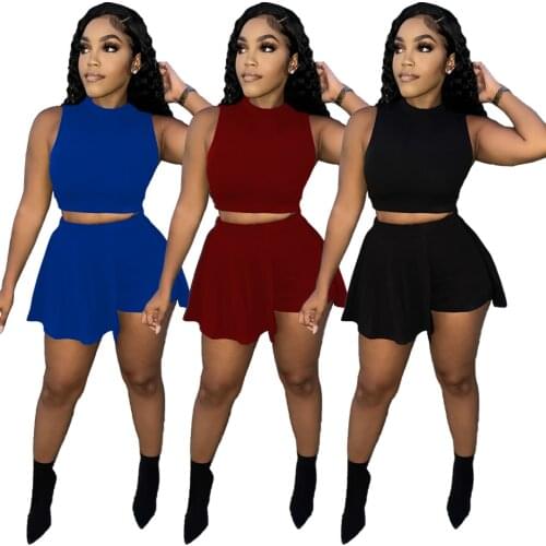 Sexy Sleeveless 2 Pieces Pleated Shorts Set Women O Neck Tank Crop Top and Mini Shorts Casual Tracksuit Summer Clothing 2021