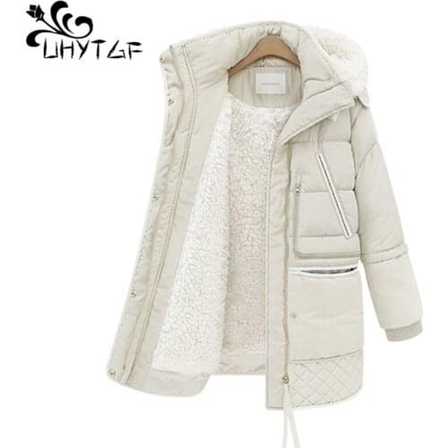 UHYTGF Korean plus size coat parker women quality lambswool casual warm winter coats hooded down jacket plus size outerwear 1026