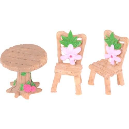 3Pcs/set Table And Chair Fairy Garden Miniatures Resin Wood Mini Flower Terrarium Figurines Home Doll House Decor Accessory