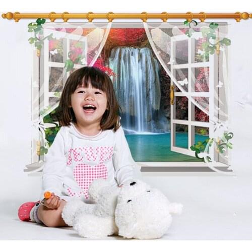 3D Effect Waterfall Water Screen Scenery False Window Landscape Wall Stickers Kids Room Bedroom Living Room Sofa Home Decoration
