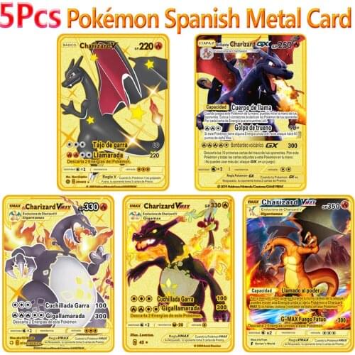 5PCS Francaise Pokemon Metal Cards Display Pokémon Cartoon Anim Charizard Playing Game French Gold Collection Carte Kid Gift Toy