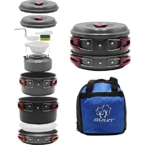 Bulin 13PCS Camping Cookware Mess Kit,Nonstick Lightweight Backpacking Cooking Set, Outdoor Cook Gear for Family Hiking, Picnic