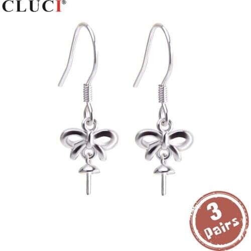 CLUCI 3 pair wholesale 925 Sterling Silver Bow Kont Drop Earrings for Women Pearl Earring Mounting Silver 925 Earrings SE085SB