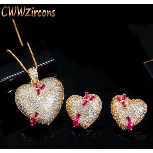 CWWZircons Micro Pave Cubic Zirconia Stone 585 Gold Love Heart Pendant Necklace Earrings Fashion Ladies Jewelry Sets Gift T380