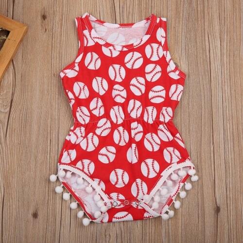 Summer Baby Girls Sleeveless Romper Baseball Print Round-neck Pom Pom Jumpsuit Infant Casual Clothes Red