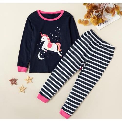 PatPat 2020 New Spring and Autumn Fashionable Unicorn Moon Stars Print Long-sleeve Tee and Striped Pants Set Kids Girl Clothes