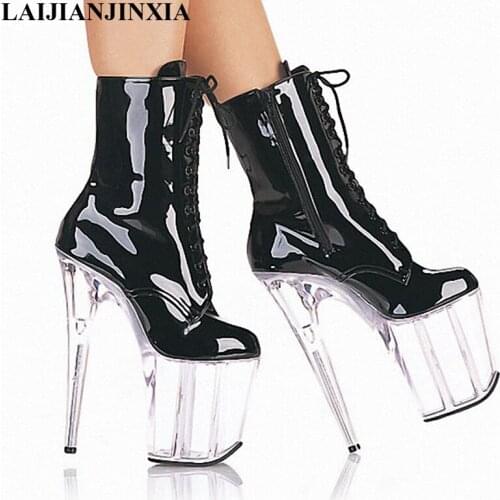 LAIJIANJINXIA women sexy 20cm Ultra high heel shoes fashion lace-up pumps shoes side zipper ankle boots black/white ladies Boots