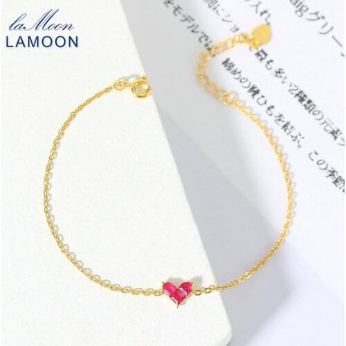 LAMOON S925 Silver Sweety Heart Bracelet For WomenSynthetic Corundum 14K Gold Plated Fine Jewelry Girlfriend Gift LMHI073