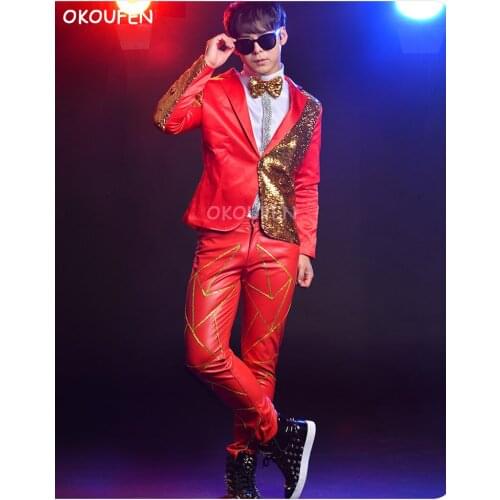 Fashion Men Red Suits Blazer Sequins Costumes Nightclub bar singers Personality Stage Performance set