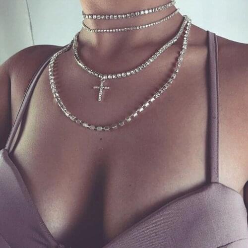 Fashion Women Multi-layer Rhinestone Chain Choker Cross Necklace Collier Gold Silver Color Chocker Collier Femme Sold By Set