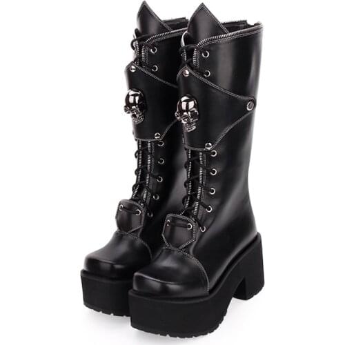Fashion Winter Women High Heel Platform Lolita Boots Zipper Skull Punk Muffin Shoes Female Vintage Large Size Casual Gothic Boot