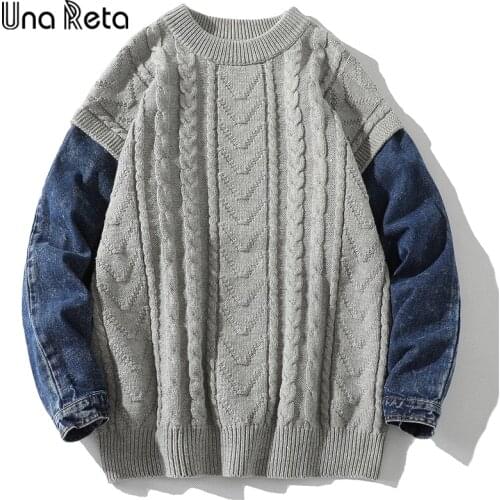 Una Reta Sweater Men New Hip Hop Denim Patchwork Knitted Sweaters Streetwear Men Casual Oversize Pullover Tops Harajuku Sweater