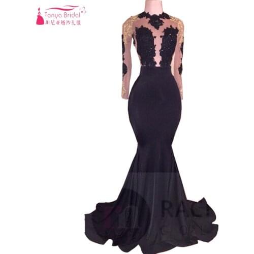 New African Black and Gold Mermaid Prom Dresses 2018 High Neck Sexy Open Back Long Sleeve Prom Evening Gowns ZP049