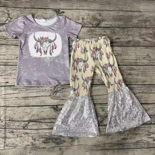 Fall Winter Girls Grey Cow Head Top Bell Bottom Pants Cow Print with Silver Sequin Outfits