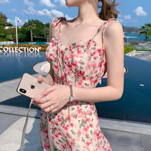 Beach Sling Dress Summer Pink Chiffon Suspender Floral Dress V-neck Drawstring Bow French Sexy Mini Short Dress Women Clothing