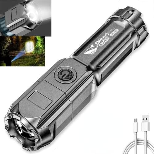 Portable Mini Flashlight Outdoor ABS Strong Light Zoom USB Rechargeable Flashlight with Battery Outdoor Camping Night Lighting