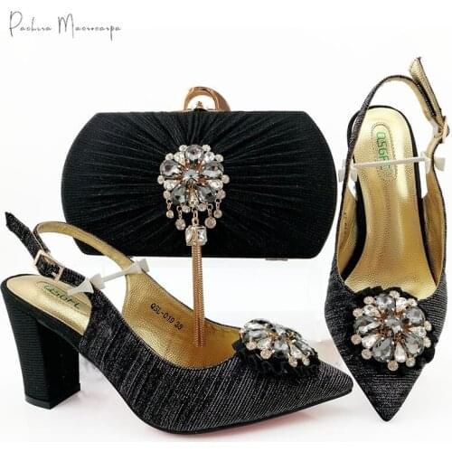 Italian Design Lastest Black Color African Crystal Style Nigerian Women Shoes and Bag Set Decorated With Rhinestoe for Party