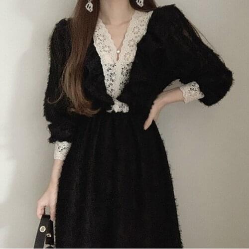 Spring Autumn Lace High Waist Dress 2021 Black Midi Party Dresses for Women Elegant Vintage Dress Female Vestido De Mujer