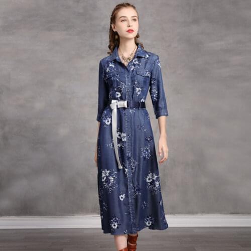 Vintage Floral Print Denim Dresses Women 2021 Retro Style Spring Summer Single-breasted Side Split Slim Fit A Line Long Dress