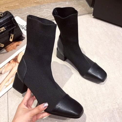 2020 Winter Designer Women Square Toe Sock Boots 5cm High Heels Stretch Fabric Ankle Boots Female knitting Boots Plus Size Shoes
