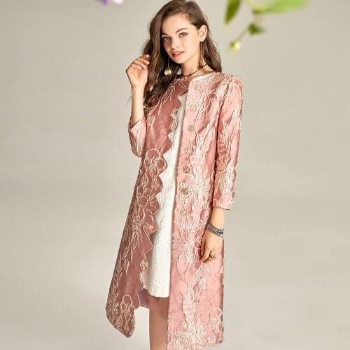 2021 Spring Fall Womens Fashion 3/4 Sleeve Dobby Flower Trench Coat , Woman Ruffles 3xl Xxl Windbreaker Coats