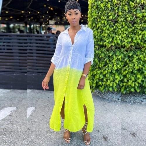 Vintage Dress Summer Clothes For Women Long-Sleeved Loose Gradient Sexy Shirt Dress Yellow African Dresses Vestidos 2021 New