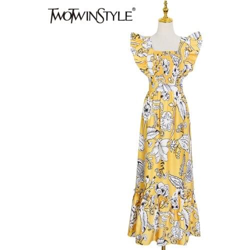 TWOTWINSTYLE Vintage Patchwork Ruffle Dress For Women Square Collar Short Sleeve High Waist Hit Color Dresses Female Fashion New