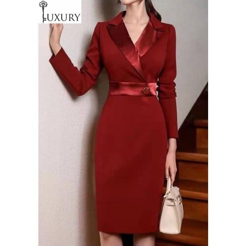 2020 New Korean Fashion Spring Style Women Notched Collar Golden Buttons Deco Lurex Satin Patchwork Long Sleeve Dress OL