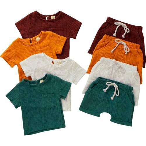 2021 Kids Clothes Casual Childrens Clothing Suits Toddler Boys And Girls Clothing Suits Cotton Linen T-shirt Elastic Shorts