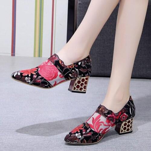 2021 Summer High Heels Pointed Toe Deep-mouth Single Shoes Womens Spring and Autumn Thick-heel Embroidered Mesh Ethnic Sandals