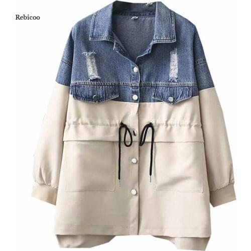 Jeans Jacket Women Clothes Drawstring Denim Coat Harajuku Patchwork Plus Size Jackets Long Sleeve Windbreaker Female