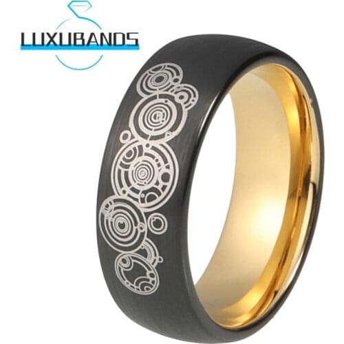 Men Wemen Tungsten Wedding Ring Gold Inner Laser Pattern Black Brushed Finished 8MM Comfort Fit