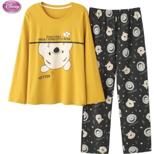 Disney 2 Pieces Soft Autumn Summer Women Pajamas Sets Winnie the Pooh Print Sleepwear with Pants Female Leisure Nightwear Suit